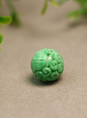 #H347 14.7MM满绿天然A货翡翠团寿龙纹雕花圆珠子 佛珠顶珠