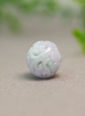 #J064淡紫色缅甸天然A货翡翠镂空雕花珠子 15.8MM圆珠佛珠顶珠