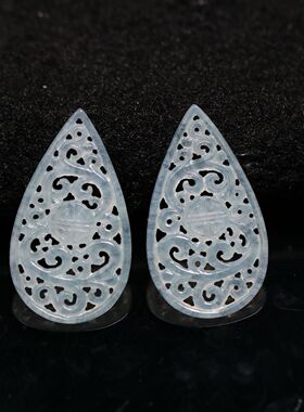 #2423一对白色冰种天然A货翡翠镂空雕龙纹水滴形耳坠花片