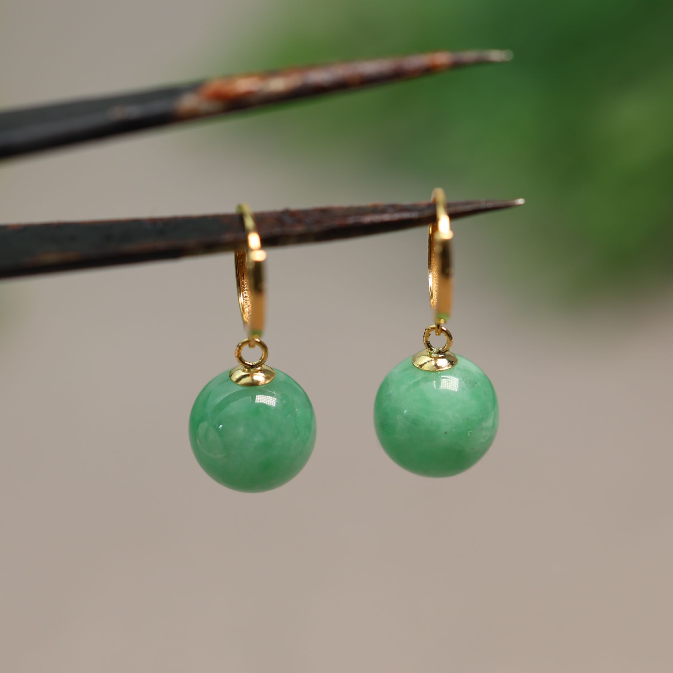 18K金镶嵌天然A货翡翠珠子耳坠