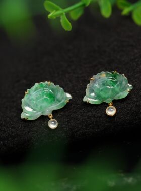 #L258 18K金镶嵌冰种飘阳绿缅甸天然A货翡翠莲花耳钉