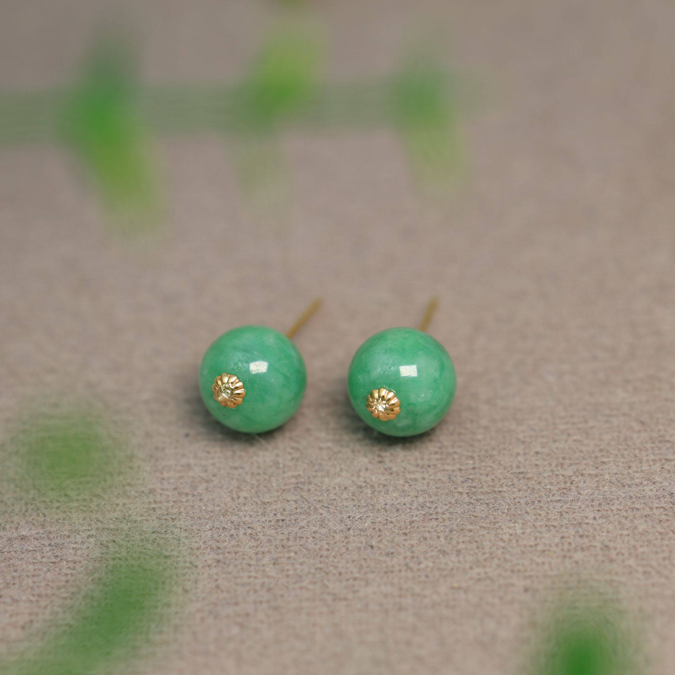 #K280 18K金镶嵌满绿缅甸天然A货翡翠素面圆珠子耳钉耳饰