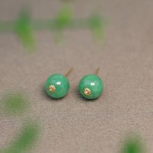 #K280 18K金镶嵌满绿缅甸天然A货翡翠素面圆珠子耳钉耳饰
