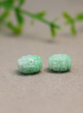 #K313一对糯白底浅绿色缅甸天然A货翡翠雕花路路通鼓珠  DIY配件