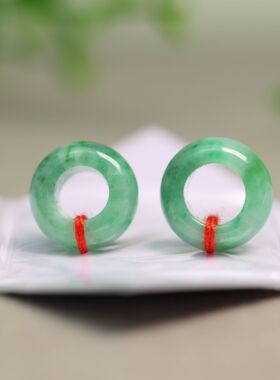 #J385一对冰糯种阳绿天然A货翡翠圆圈小环跑环 镶嵌耳坠裸石