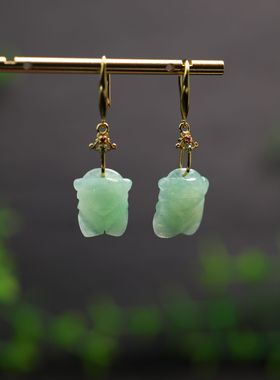 #K047 冰种浅绿色缅甸天然A货翡翠玉蝉一鸣惊人知了耳坠耳钩款