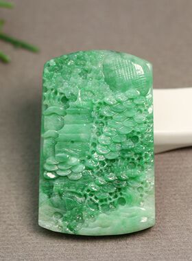 #8430 果绿色天然A货翡翠山水风景牌子吊坠挂坠