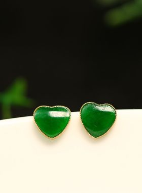 #E572一对18K金镶嵌冰种满色辣绿天然A货翡翠心形耳钉