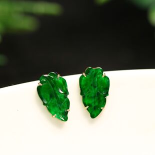 #8801一对18K金镶嵌冰种辣绿天然A货翡翠绿树叶子耳钉