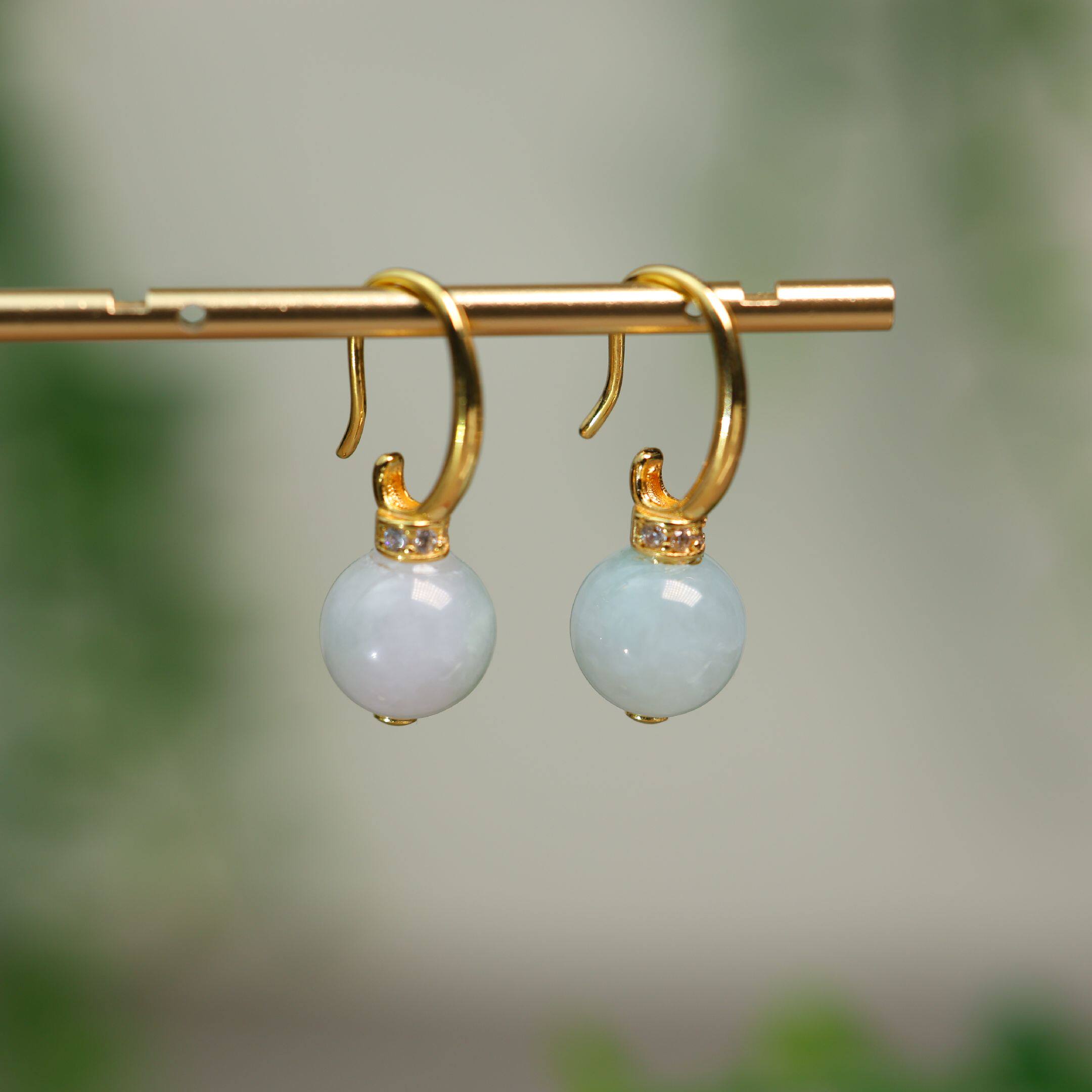 #L191白冰缅甸天然A货翡翠素面圆珠子耳坠耳环 S925银耳钩耳饰