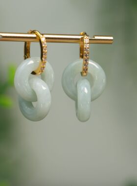 #L295白冰缅甸天然A货翡翠二连环耳环耳坠S925银耳圈耳饰