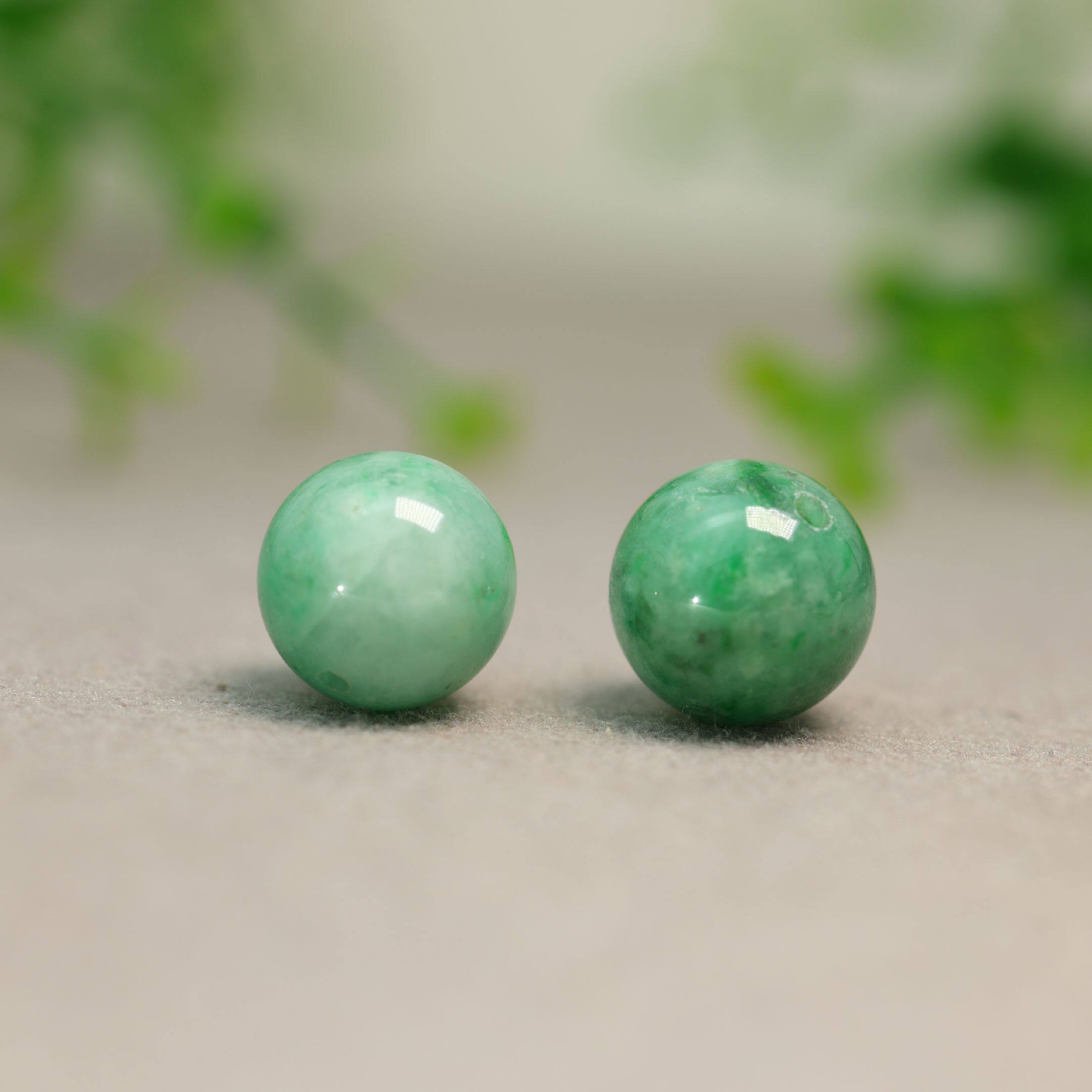 #K141一对糯种满绿缅甸天然A货翡翠素面珠子 15MM圆珠佛珠念珠