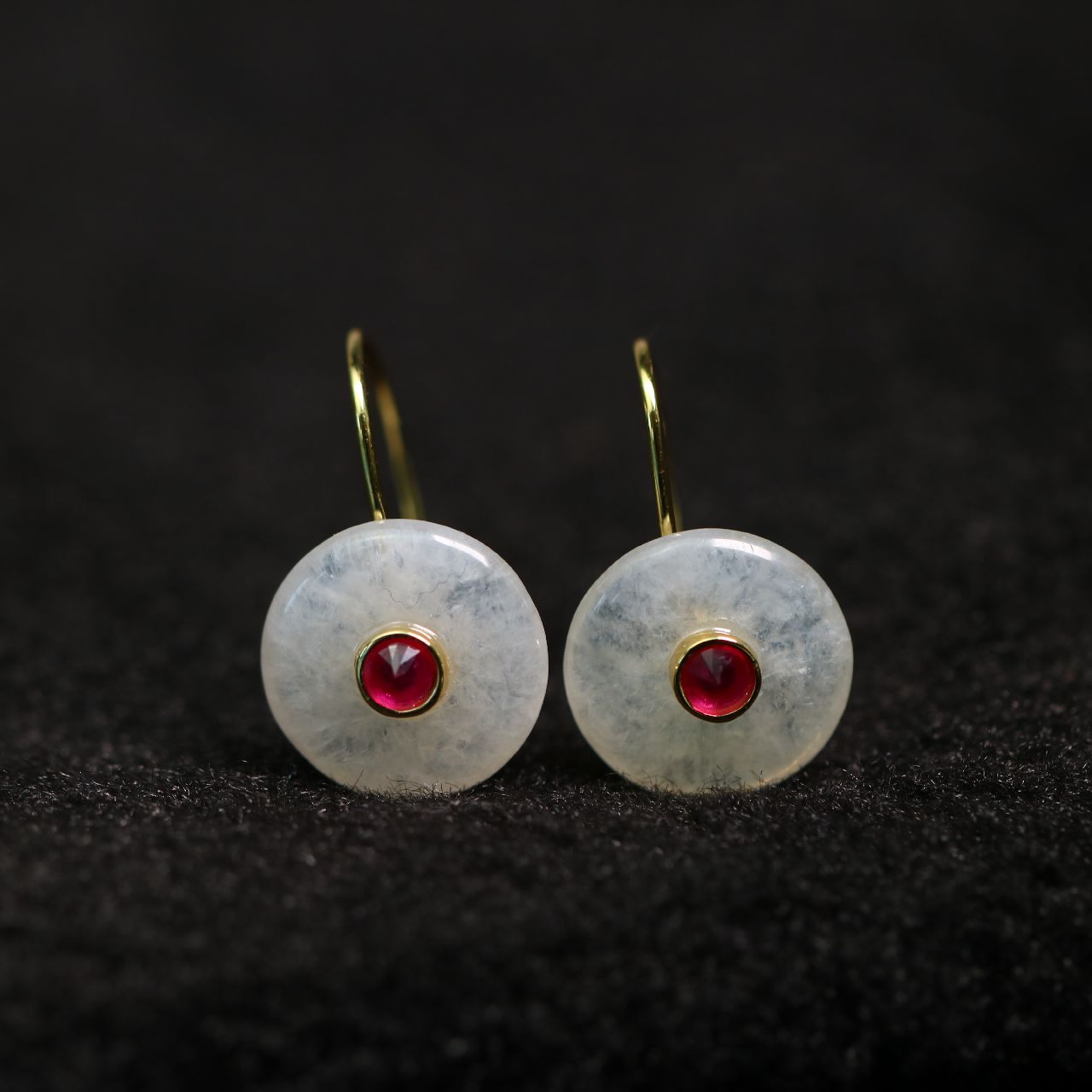 #1593一对S925银加红宝镶嵌白冰天然A货翡翠平安扣耳坠 耳钩款