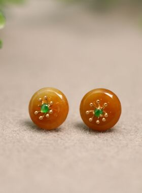 #D809一对18K金镶嵌满色天然A货黄翡平安扣耳钉