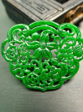 #1304 满色辣绿天然A货翡翠镂空福禄寿如意锁形雕花吊坠胸针花片
