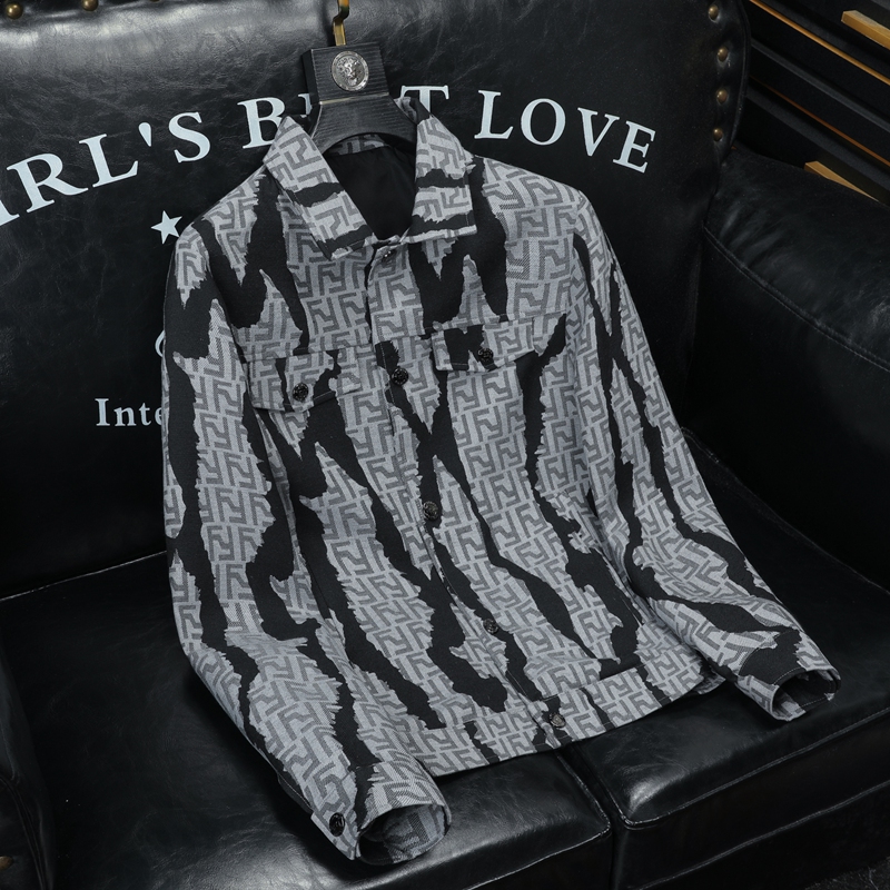 雷迪波尔官方春季男士翻领外套美式休闲字母提花牛仔痞帅工装新款