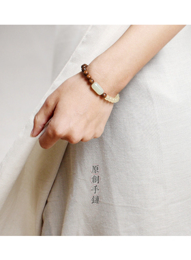 原创手链单圈天然虎皮檀木手串搭配和田玉随型黄玉髓男女时尚创意