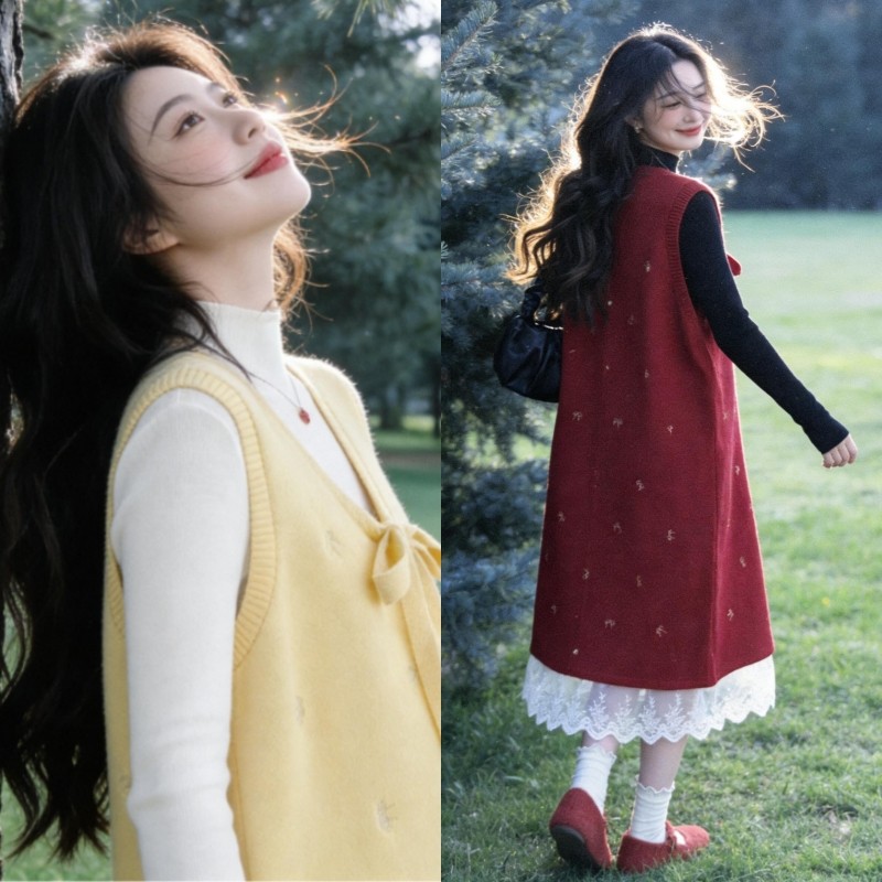 孕妇秋冬套装新款红色针织马甲连衣裙针织打底衫叠穿2025年韩版