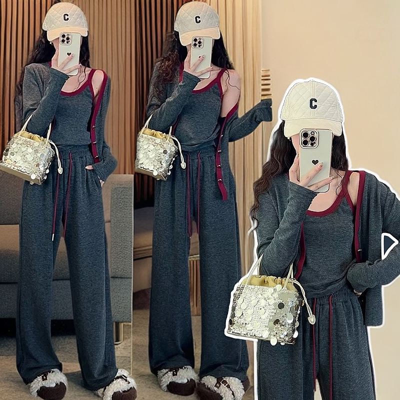 2025慵懒拼色开衫三件套孕妇套装