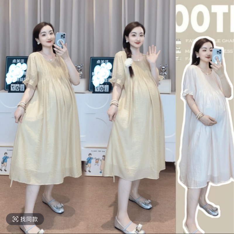 孕妇裙子设计感外穿短袖圆领压褶中长款纯色高级感连衣裙2025夏季