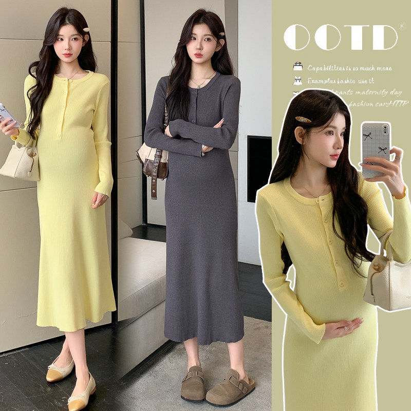孕妇装裙子2025秋冬针织长袖纯色排扣中长款时尚高级感韩版连衣裙