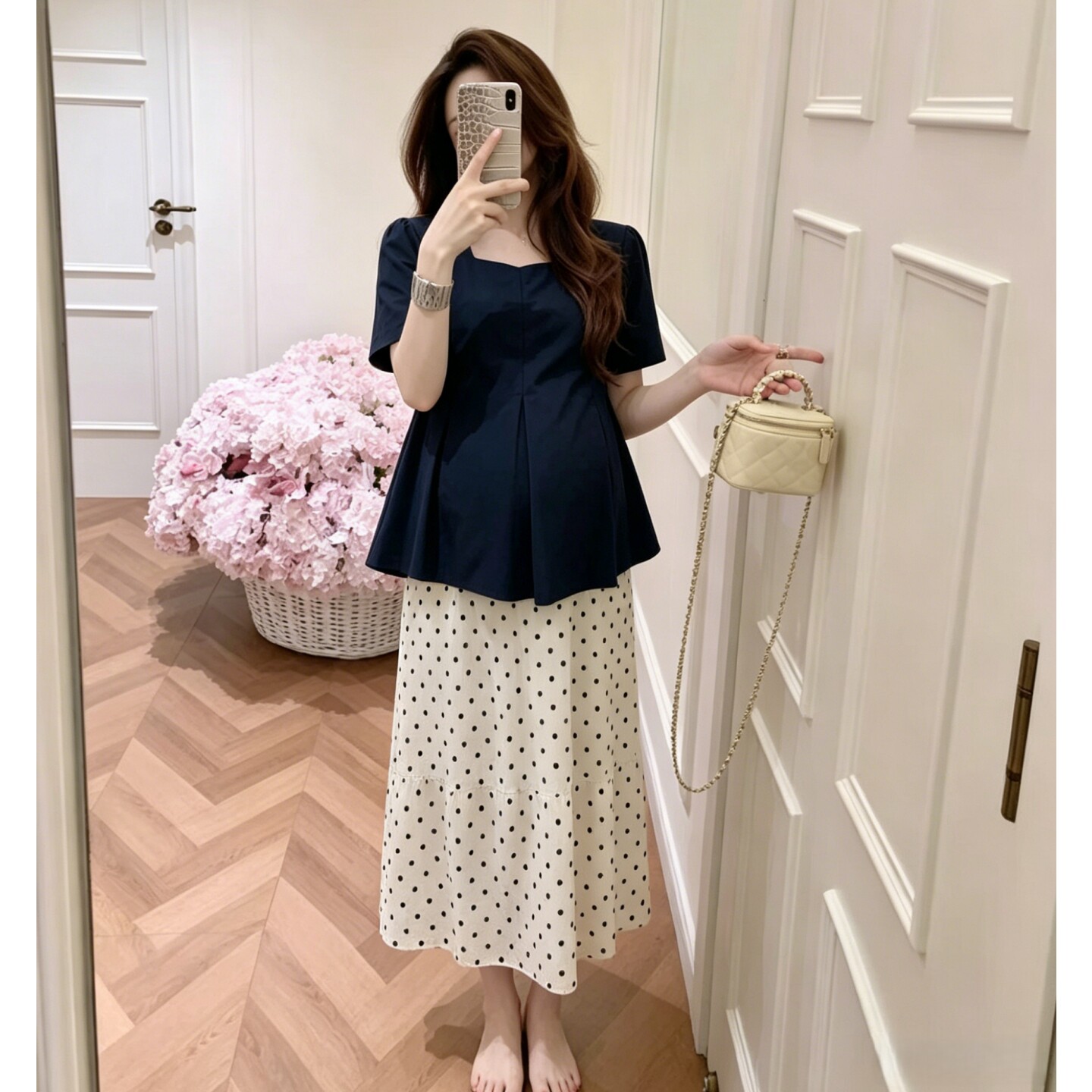 夏季孕妇两件套简约纯色短袖上衣猪鼻扣波点半身裙2026年韩版女