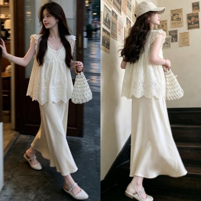 孕妇夏季刺绣小飞袖吊带裙两件套