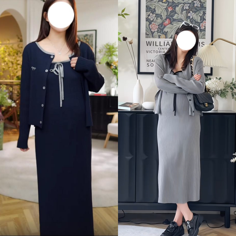 孕妇长袖针织开衫+纯色吊带裙