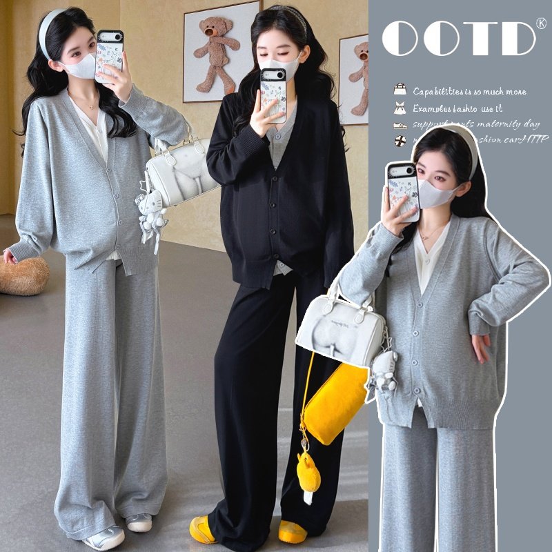 2026年孕妇春秋两件套时尚假两件针织开衫显瘦阔腿裤休闲百搭女,孕妇装/孕产妇用品/营养,套装,淘宝优惠券,粉丝福利购,淘宝优惠卷
