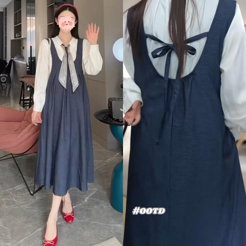 春季孕妇两件套宽松长袖上衣遮肚中长款背心裙2026年休闲百搭女