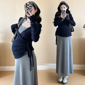套装 上衣裙子时尚 春秋款 2025设计感外穿纯色长袖 两件套 新款 孕妇装