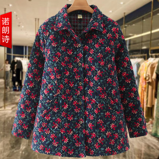 领宽松外穿棉袄女 碎花棉衣中年胖妈妈夹棉外套衬衫 加肥加大码 时尚