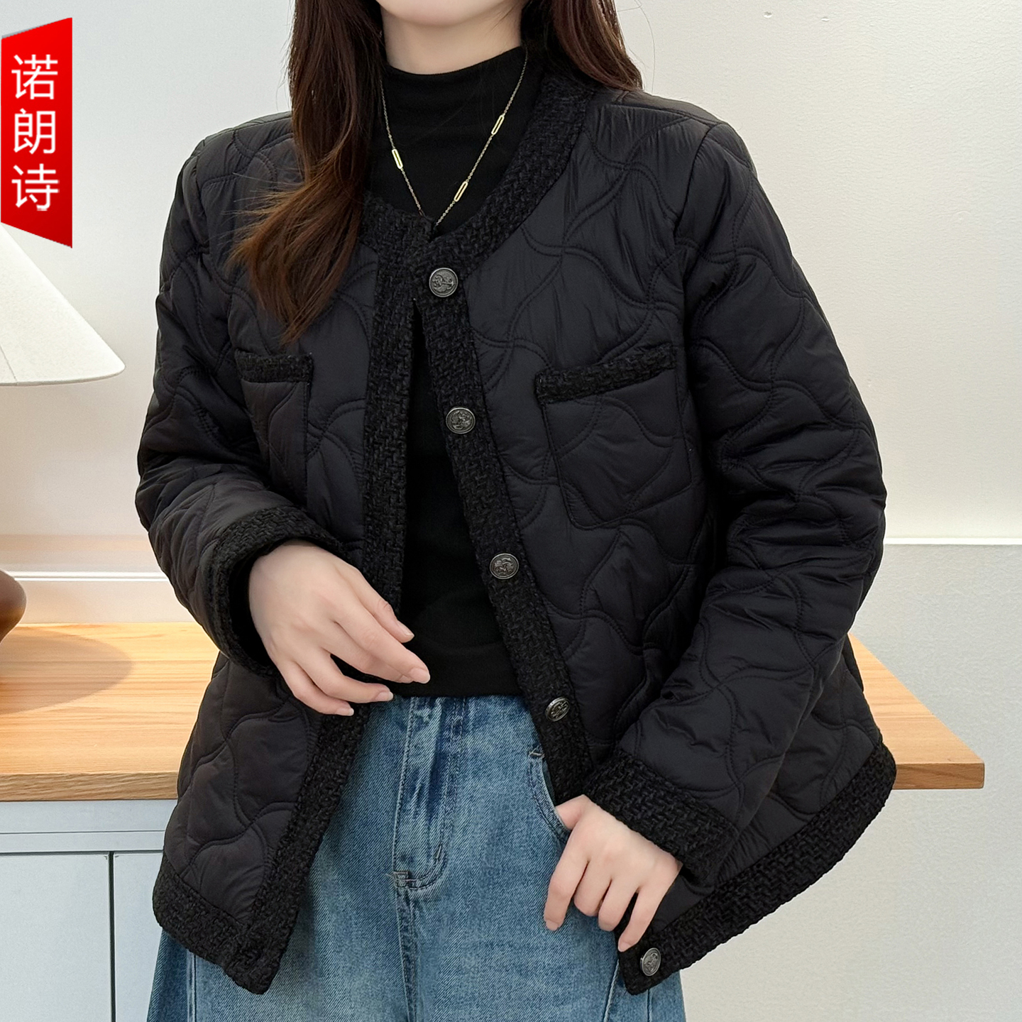 大码女装小香风镶边保暖棉服外套