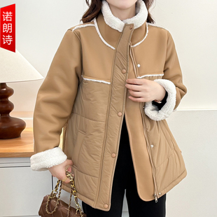 冬季 加绒保暖皮毛一体羊羔绒立领棉衣胖mm遮肉显瘦加厚外套女 大码