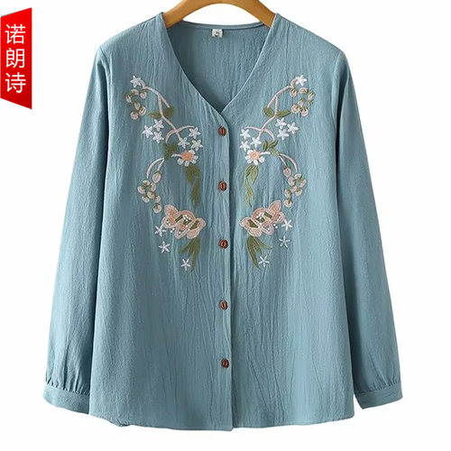 大码女装妈妈装时尚绣花长袖衬衫