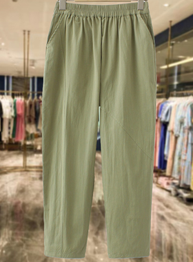 中年妈妈休闲裤绿色流行九分裤200斤加肥加大码松紧腰棉麻哈伦裤