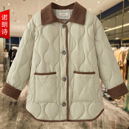 大码女装灯芯绒撞色棉服外套上衣