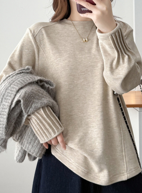 正肩百搭长袖打底衫秋冬半高领大码女装胖mm遮肉显瘦收褶袖口上衣