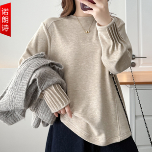 胖mm遮肉显瘦收褶袖 正肩百搭长袖 女装 秋冬半高领大码 口上衣 打底衫
