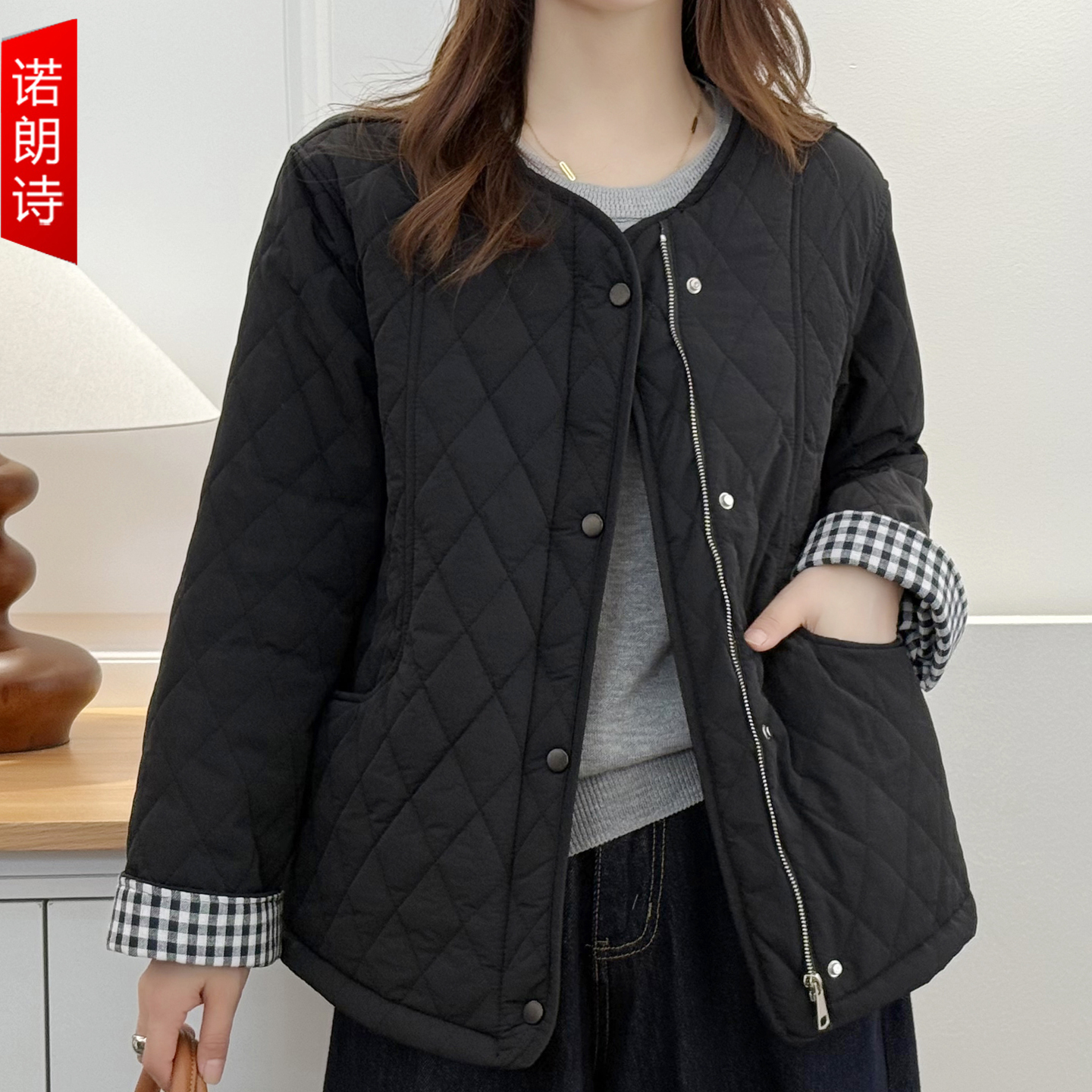 大码女装气质休闲菱格拼接棉服冬