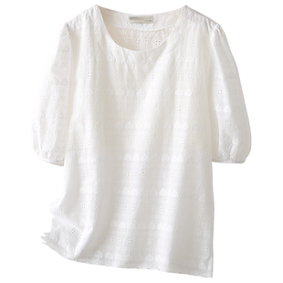 胖mm宽松大码蕾丝短袖T恤夏天显瘦遮肚子薄款小衫镂空休闲上衣女