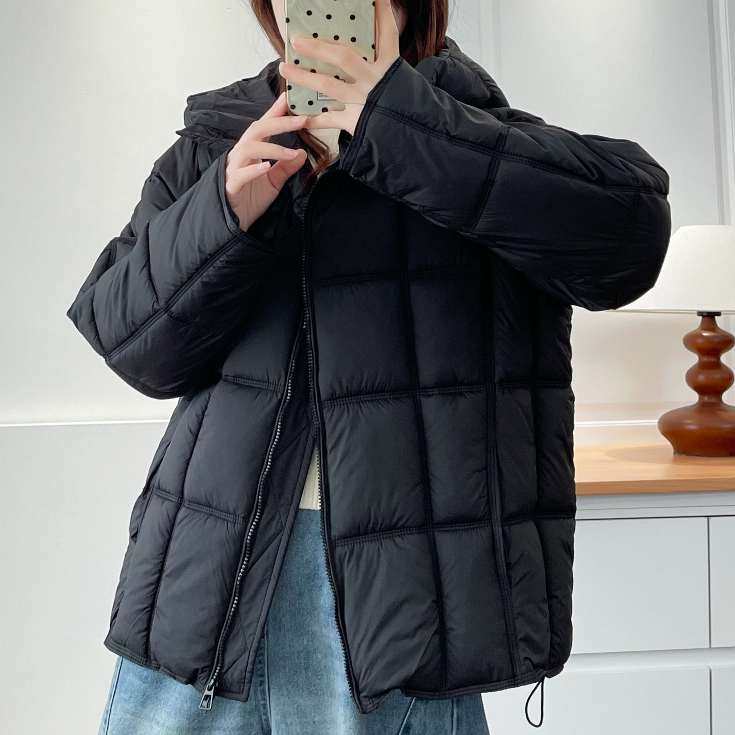 纯色百搭方块连帽棉衣2026冬季大码胖mm宽松显瘦防寒保暖面包服韩