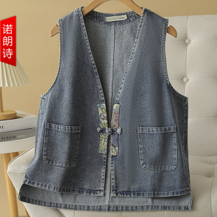 坎肩外套宽松显瘦女装 复古盘扣牛仔马甲大码 无袖 国风春季 春 新中式