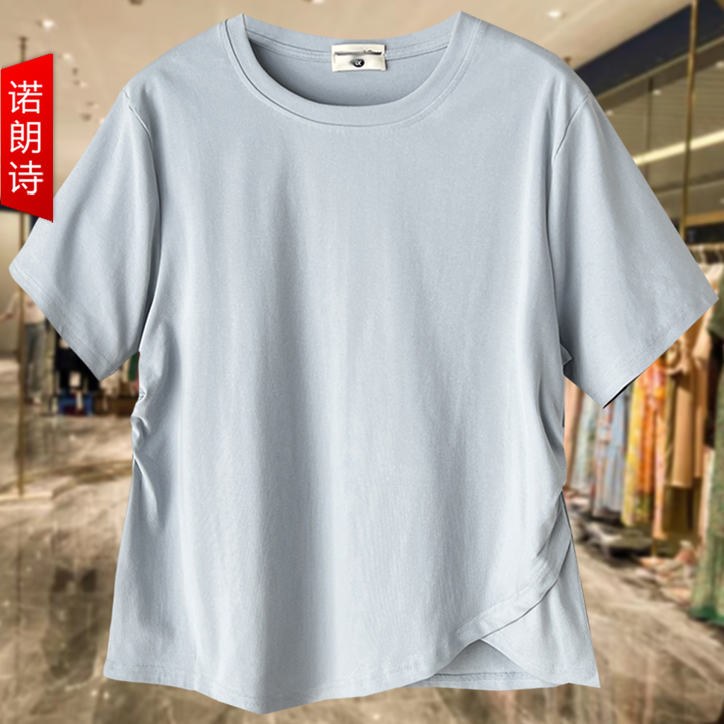 大码女装胖mm纯色褶皱圆领短袖T