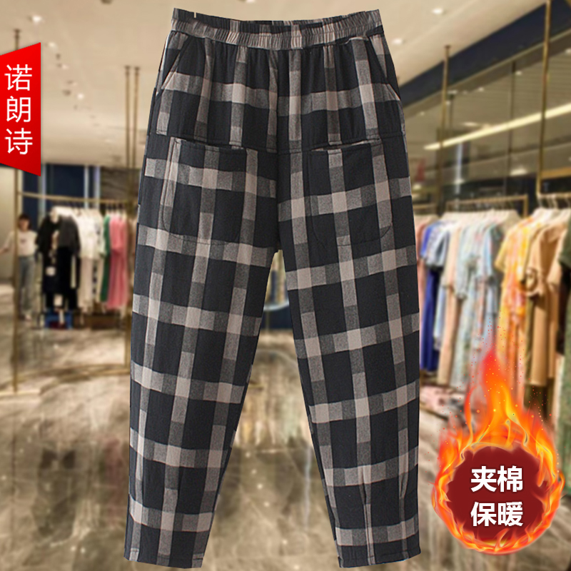 胖妈妈格子棉裤冬通勤韩版