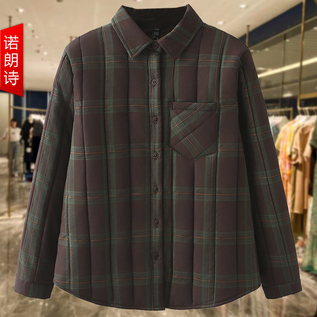大码格纹衬衫领加厚棉服冬妈妈装