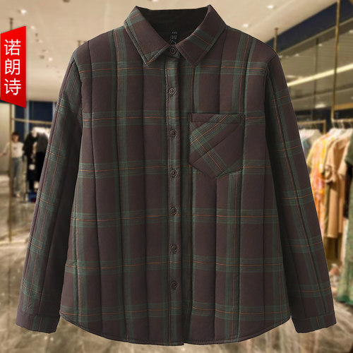 大码格纹衬衫领加厚棉服冬妈妈装