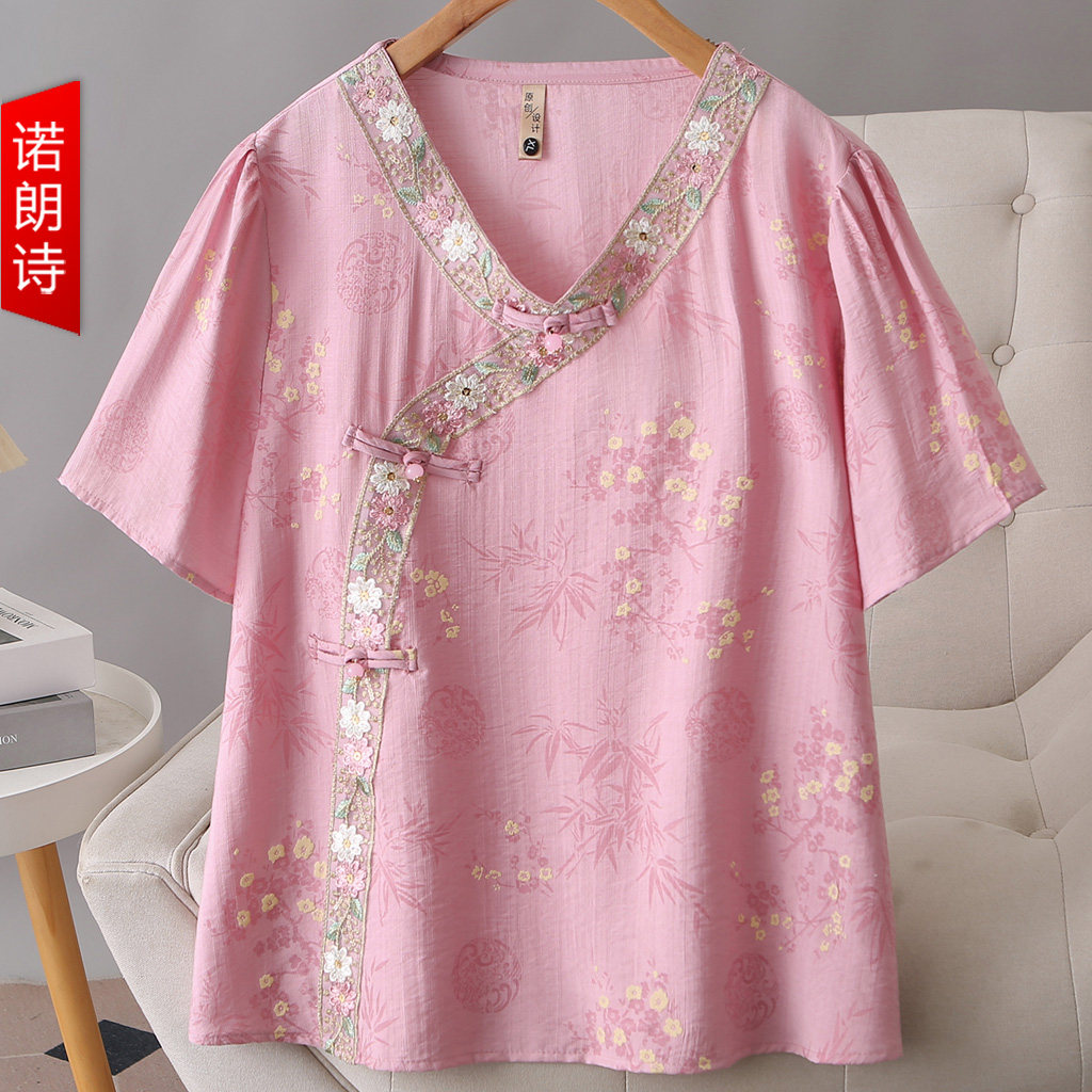 大码V领刺绣棉麻短袖t恤2025夏季中年妈妈碎花盘扣时尚减龄上衣服,女装/女士精品,大码内搭,淘宝优惠券,粉丝福利购,淘宝优惠卷