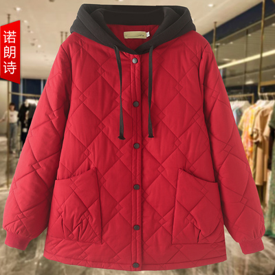 大码女装洋气妈妈装红色连帽棉服