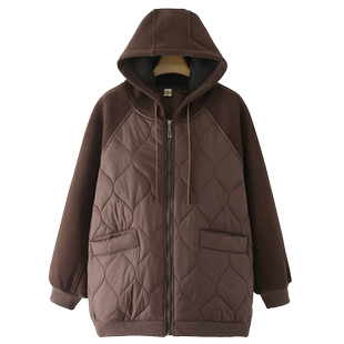 大码女装外套胖妈妈连帽拼接羽绒棉衣轻薄保暖卫衣样式洋气棉服冬